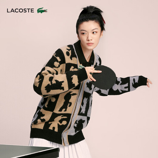 Lacoste French Crocodile Пара узора при печати модный цвет модный блок V-образный вырезок вязаный кардиган AH7374 UI7/Black/Grey/Khaki S