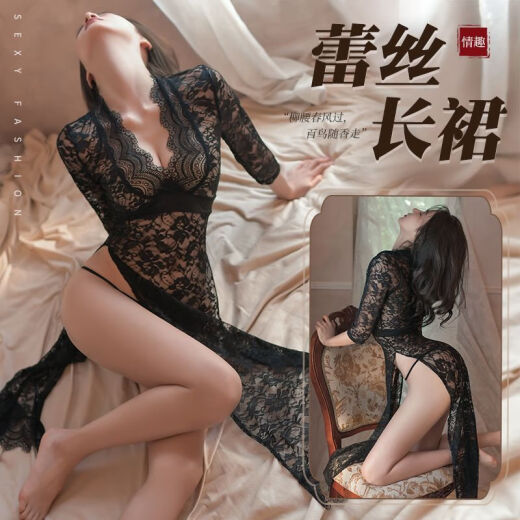 性感蕾丝小胸睡衣激情战袍约会制服床上衣服9766 蕾丝开衩长裙黑色 均码
