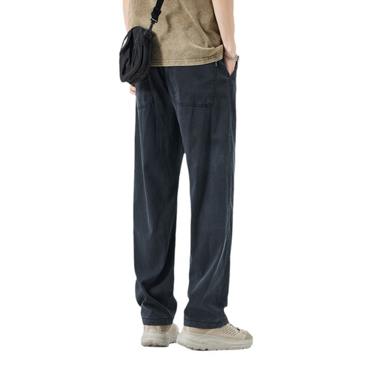 
Queli Tiansi denim casual pants for men's summer thin loose straight pants for men's drooping ice silk trousers new men's pants TMYC-1048-Black XL