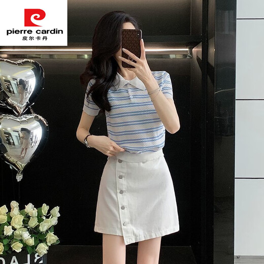 皮尔卡丹（pierre cardin）夏季2025新款韩系条纹短袖上衣显瘦百搭牛仔短裙套装裙两件套夏季 套装 条纹上衣7419A+半身裙7170B S