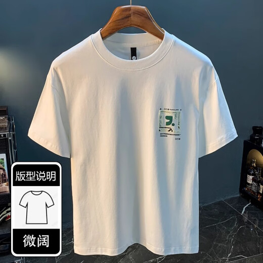 罗蒙（ROMON）夏季ins潮牌t恤男宽松薄款发泡印花休闲体恤男百搭凉感圆领短袖男 1098白色T恤 XL 码 120-140斤