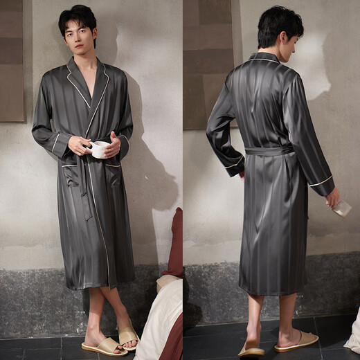 
Xuanliang men's nightgown spring and autumn ice silk thin long sleeve large size bathrobe home clothes 73742 Paris gray 2XL (180)