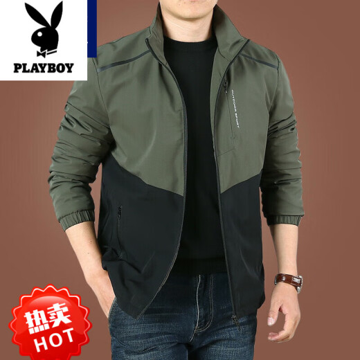 花花公子（PLAYBOY）男士加绒外套秋冬季2024新款休闲夹克男衣服男装春装上衣宽松加厚 9896[军绿黑]不加价 加绒 4XL