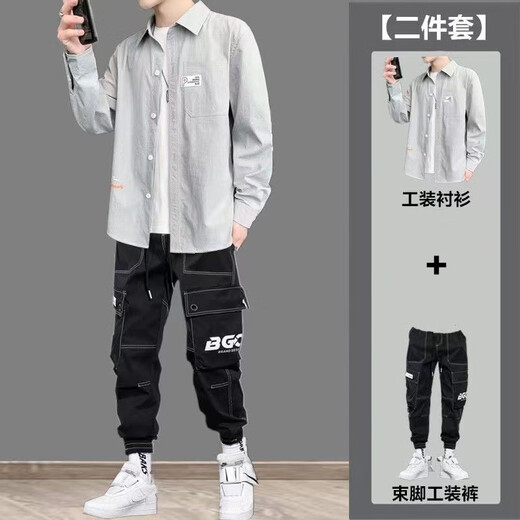 2025 new workwear casual suit men Korean style trend three-piece set spring and autumn men's clothing one set with handsome clothes [2 pieces] 682 shirt black + A006 workwear pants L
