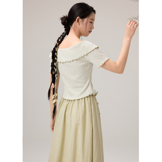 Zihan (ZIHAN) Zihan new Chinese style one-shoulder short-sleeved T-shirt high waist slit skirt two-piece suit for women 2025 summer new style ancient wood green XL