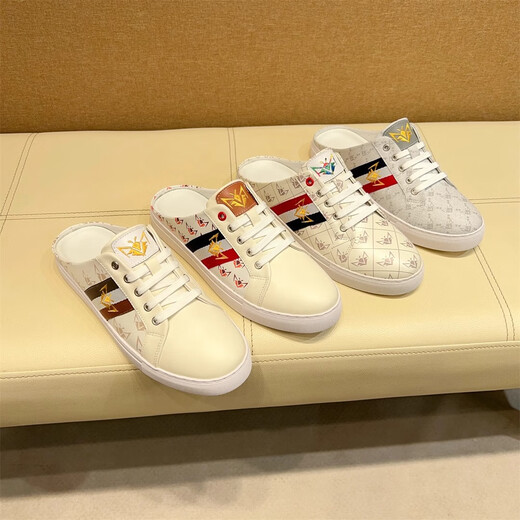 OLJ轻奢潮牌小蜜蜂男鞋夏季透气休闲鞋包头拖板鞋小白鞋拖鞋男 印花拼色 标准皮鞋码6 44