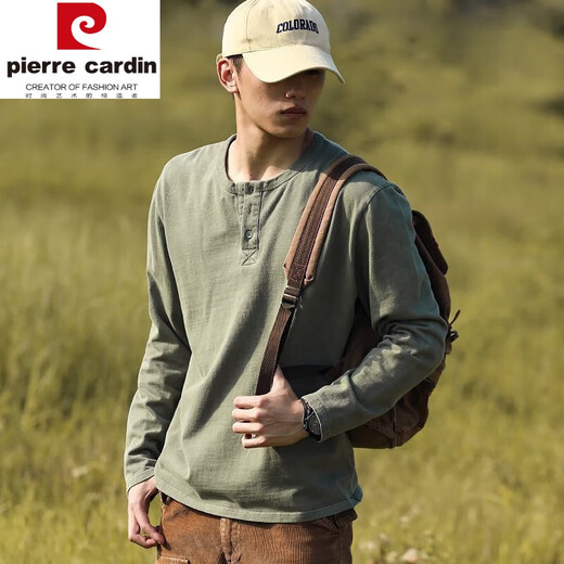 Pierre Cardin American retro distressed Henry shirt men's spring and autumn large size 300 Jin Jin equals 0.5 kg Heavy cotton American casual long-sleeved base T-shirt Army Green XL Recommended 115-145 Jin Jin equals 0.5 kg