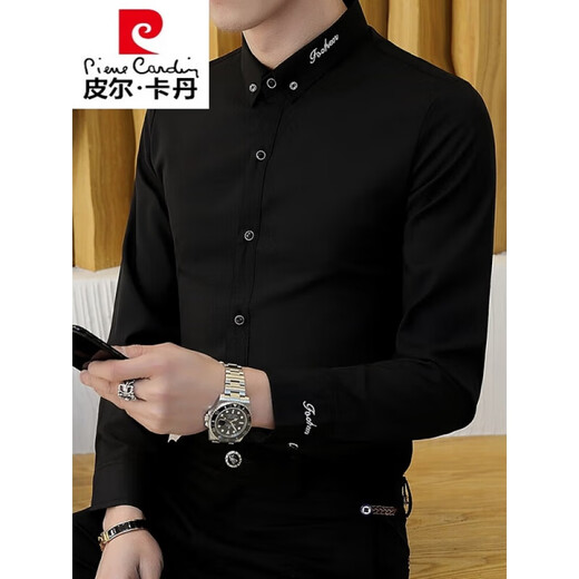 Pierre Cardin Spring y Autumn White White White Camiseta para hombres de manga larga para hombres Casual 2025 Nuevo bordado de pulgadas negras CS829 Negro L 100-115Jin [Jin equivale a 0.5 kg]