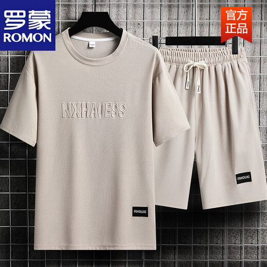罗蒙（ROMON）男士夏季套装青少年短袖t恤薄款冰丝两件套休闲运动服五分短裤子 套装-TZ829黑色【上衣+裤子】 XL 建议130-145斤