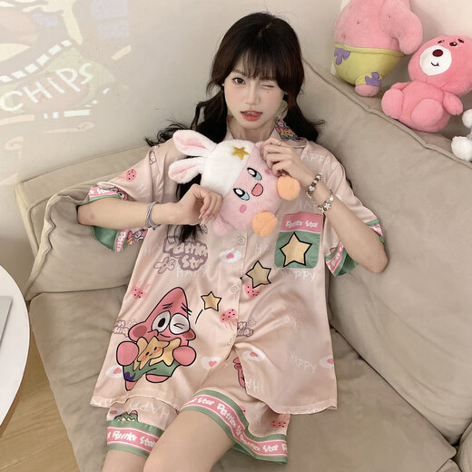 HKPK冰丝睡衣女夏季短袖开衫可爱卡通宽松高级感家居服套装 #FS-2203 #YX-9214 M[75-98]斤 均码
