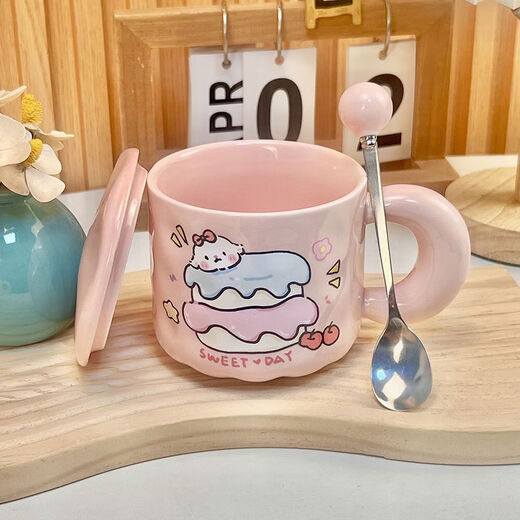 Cute Fufu Birthday Cake Mug Ceramic Cup with Covered Spoon as a Beautiful and Meaningful Birthday Gift for Girls Gift Box Cheese Cup + Cover + Spoon 1 Piece 350ml