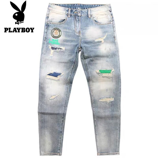 花花公子（PLAYBOY）高端高弹力牛仔裤男士春夏季破洞刺绣修身小脚浅色百搭长裤子男 浅蓝色 3890【高弹性】 31 【建议125-135斤】
