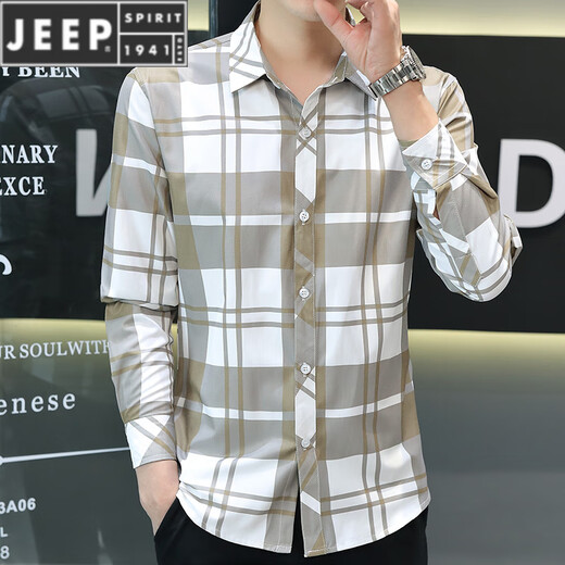 JEEP SPIRIT2025夏季新款冰丝长袖衬衫男格子休闲衬衣上衣服薄款防晒外套潮流 灰色 【长袖】719 M 90-104斤