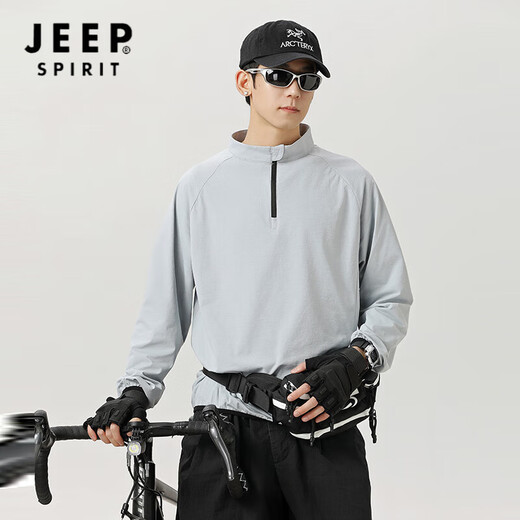 JEEP SPIRIT sports long-sleeved men's spring and summer breathable quick-drying half-zip T-shirt men's outdoor training sports top cycling jersey light gray M