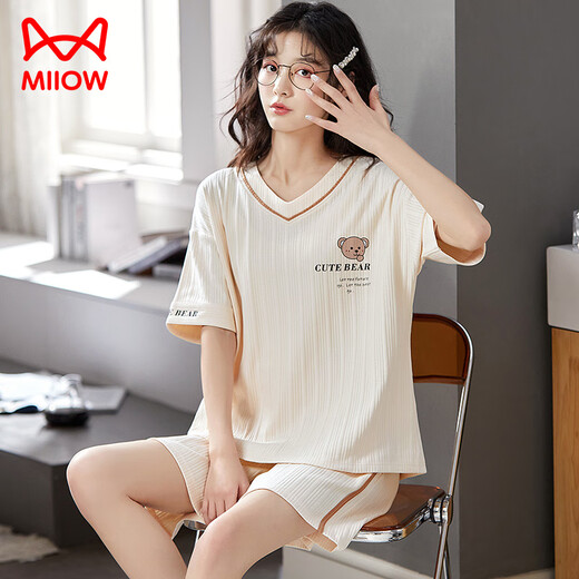猫人（MiiOW）睡衣女夏季纯棉可爱薄款短袖裤学生两件套装春秋天大码宽松家居服 杏色 GXT6630图色 M (建议75-95斤)