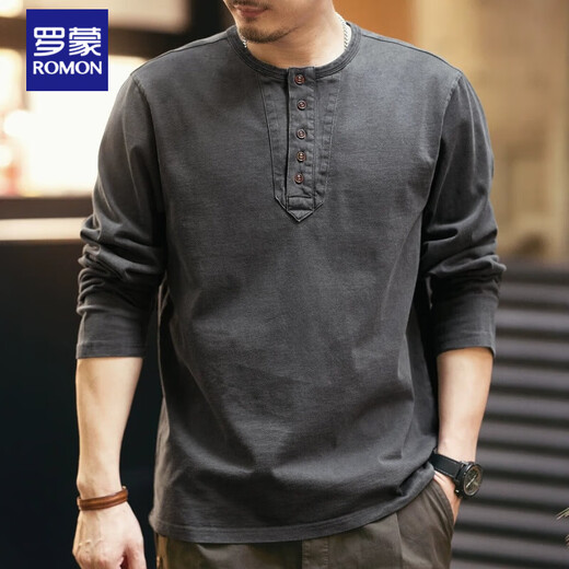 Romon High-End Retro Long Ärmeln T-Shirt Herren 2024 Spring und Herbst Lose Baumwolle Henry Kragen Hemd Hemd Top Charcoal Grey M für 120-140jin [Jin entspricht 0,5 kg] geeignet für 120-140jin [Jin entspricht 0,5 kg]