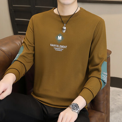 Changluzhu Sweat-Shirt Mince pour Hommes Printemps et Automne Nouvelle Chemise à Col Rond Mode Jeunes et d'âge Moyen T-Shirt à Manches Longues Tendance Polyvalente Caramel XQ9905 Pas de Velours L