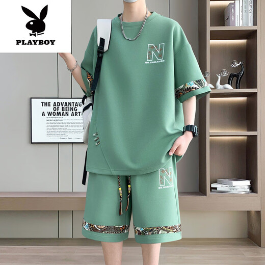 花花公子（PLAYBOY）2025年夏季新款中国风时尚休闲男士套装圆领短袖T恤短裤两件套潮 【短.袖套装】6195 绿色 XL (建议130-145斤)