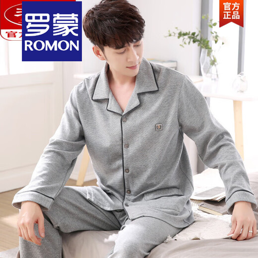 罗蒙（ROMON）睡衣男士春秋纯棉长袖可外穿全棉大码薄款秋季家居服套装精选高品 834满地 5XL 数