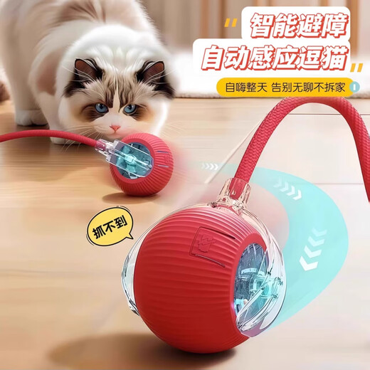 Automatic Cat Funny Ball Cat Toy Self-Enjoyment and Boredom Relief Intelligent Cat Funny Stick Consumes Physical Energy Tumbling Ball Electric Cat Artifact Upgraded Long Rope Style Red 1 Pack