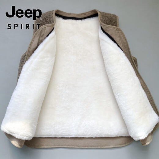 JEEP SPIRIT wool vest for men and women, integrated fur sheep velvet vest genuine leather middle-aged and elderly thickened vest warm winter khaki 4XL