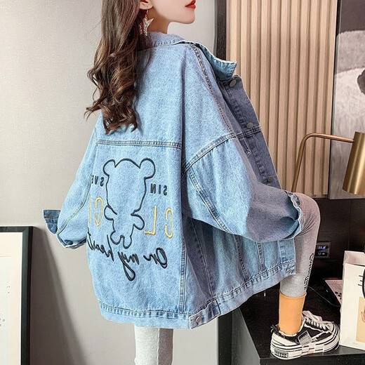 FHHUABD休闲短款牛仔外套女秋春秋装2024年新款刺绣破洞宽松大码牛仔衣服 9929#烟灰色 M 【建议101--115斤】