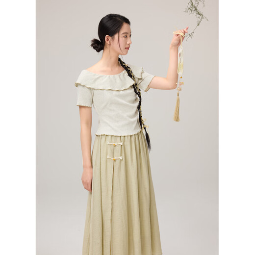 Zihan (ZIHAN) Zihan new Chinese style one-shoulder short-sleeved T-shirt high waist slit skirt two-piece suit for women 2025 summer new style ancient wood green XL