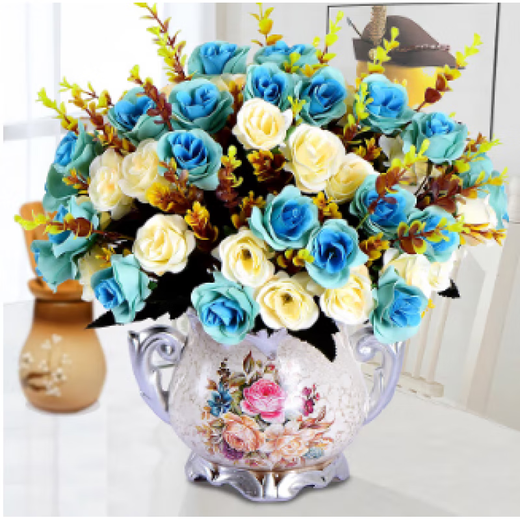 Bouquet de flores simulada en Rong Hongfa Mesa de comedor adornos de la sala del dormitorio Decoración del hogar Plantas de flores falsas Rose rojo + jarrón europeo de doble oreja