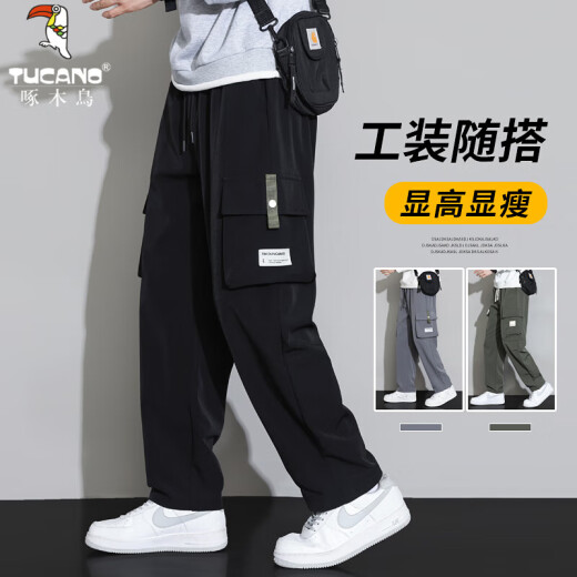 啄木鸟冰丝工装裤男士2025新款青年男裤夏季薄款宽松直筒休闲裤子男款 9931黑色+9930灰色（2条装） 7XL 【建议260-280斤穿】