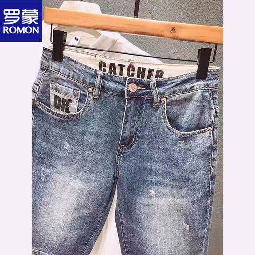 ROMON Summer denim mid-trousers printed retro nostalgic wash Korean style loose thin five-point pants stretch shorts men blue high quality #9902 27 80-90Jin [Jin equals 0.5 kg]