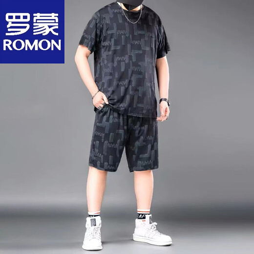 罗蒙120-280斤冰丝时尚休闲T恤套装男夏季薄款运动服弹力宽松两件套 826黑色【冰丝套装】 XL 建议120-140斤