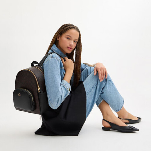 COACH Women's Bag Court 27 Classic Presbyopia Canvas and Pebbled Leather School Bag Backpack Gift for Girlfriend New Dark Brown