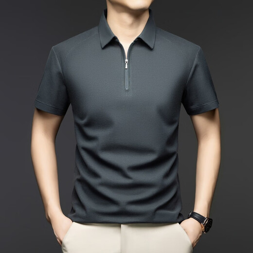Lilang Seidenlinie Kurzarm T-Shirt Herren Sommer neuer Stil Casual Revers atmungsaktivem Halbzipper-Polo-Hemd Obergrün L.