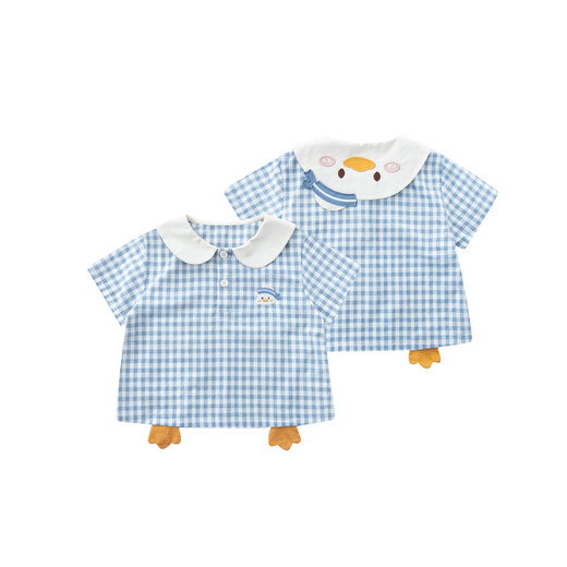YOUGE Little Mint Summer duck-shaped soft and breathable loose navy style top and shorts set blue and white plaid (shirt) 80 cm