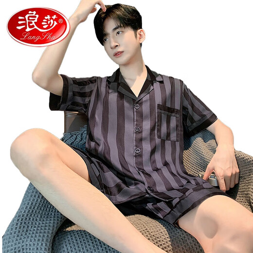 LangSha light luxury men's pajamas new summer ice-sensing shorts shorts home clothes summer youth silk cardigan suit ice silk men's G723 L (height about 170, weight -130Jin [Jin equals 0.5 kg])