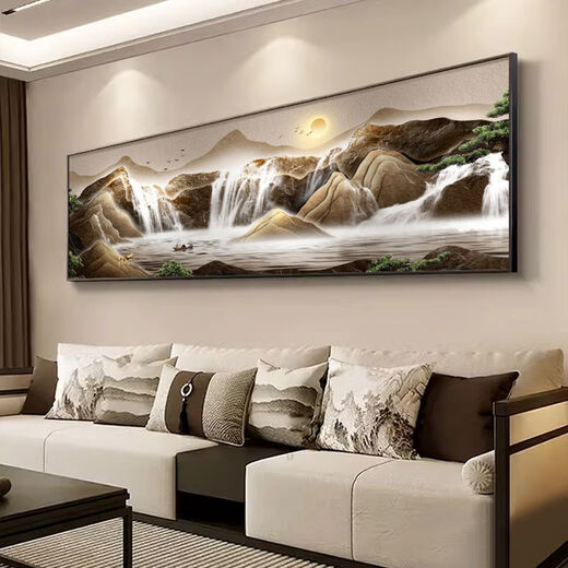 周末岛流水生财山水风景客厅装饰画新中式沙发背景墙挂画大气聚宝盆壁画 宝聚灵山 18060cm*1厘米 黑色铝合金框+晶瓷画