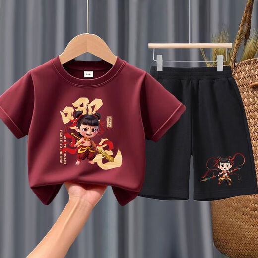 Disney (Disney) Children's Girl Summer Set Pure Cotton Shorts Shorts Handsome Cool Boy Summer Nezha Vêtements 2002 # Brew Red + 1098 # Shorts noirs 90