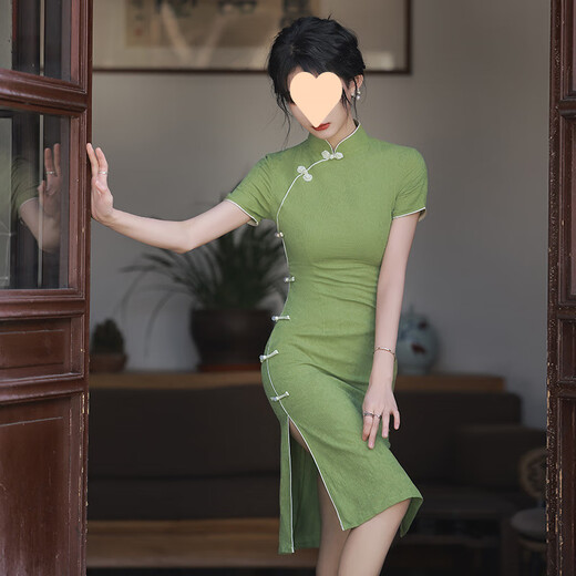 冠贸裴绿色旗袍中国风连衣裙感少女 829绿色 有里布 S