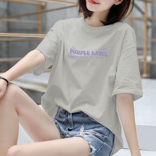 Yi-reduziertes gedrucktes kurzärärmiges T-Shirt für Frauen im Sommer mit mittlerer Länge 2025 Neues, vielseitiges, lose koreanische Version Extra-großer Top 9207Pur Butterfly Letter Rouge Powder L 115-130jin [Jin gleich 0,5 kg]