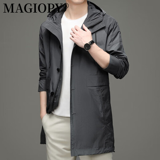 MAGIOPY high-end brand men's high-end fashion mid-length hooded windbreaker men's 2025 spring and autumn new style black M 170