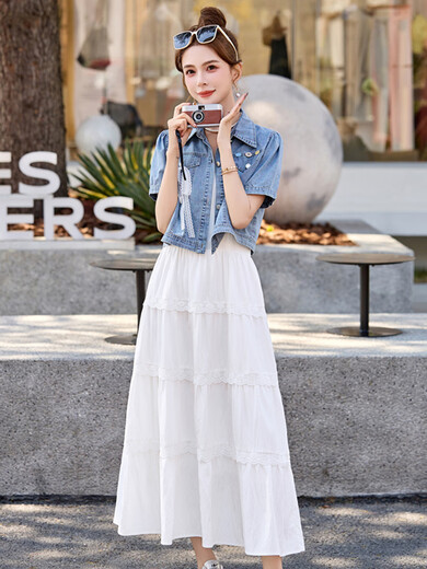 
XAE luxury high-end brand short-sleeved dress for women 2025 summer new fashionable and fashionable age-reducing denim suit skirt picture color L [Suggested 115-125Jin [Jin equals 0.5 kg]]
