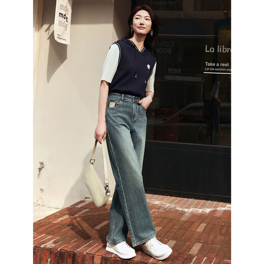 Jiuzi (JUZUI) shopping mall same retro Japanese micro wide-leg jeans women's summer style JWEX12108 Huahu Blue M
