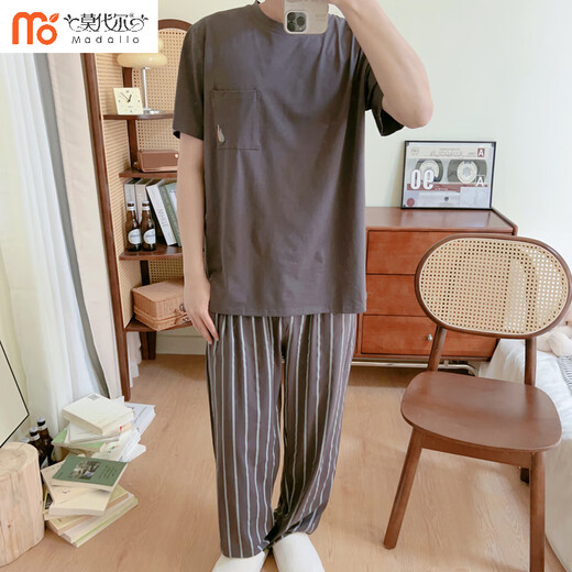 莫代尔感睡衣男春夏季短袖长裤纯色棉凉感爽棉春秋家居服两件套中青年 DM-12014瓶子口袋 L