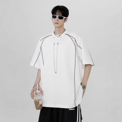 Dan Pretty Summer Contrast Lines Shoulder Pad Short Sleeve Shirt Men's Design Small Neckline 1421 White M