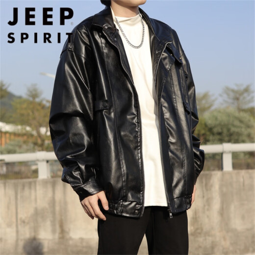 JEEP SPIRIT美式复古机车皮衣外套男春秋季新款街头痞帅ins潮高级感皮夹克 W9227黑色 L