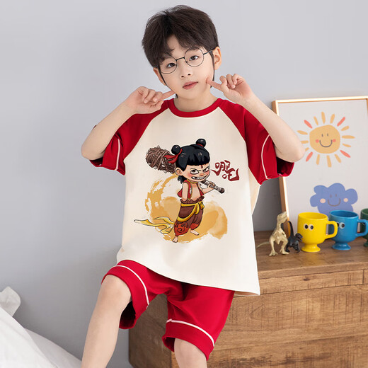 浪莎（LangSha）儿童睡衣男童夏季短袖薄款纯棉家居服小男孩夏天中大童学生套装 LT694 120 建议110-120CM/45斤左右