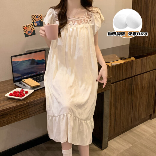 
Xiangyaxin summer chest pad short-sleeved nightgown for women woven cotton 2024 new summer sweet princess style home clothes pajama thin 9901-1 striped bear L