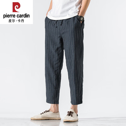 皮尔卡丹（pierre cardin）夏季亚麻九分裤男士棉麻休闲裤宽松薄款条纹小脚裤中国风麻料裤子 灰色 M 95-115斤