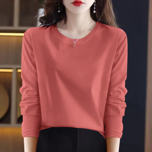 Skin-friendly pure cotton, spring and autumn women's pure cotton long-sleeved T-shirt, new Korean version, versatile bottoming shirt, large size outer wear, purple, 3XL size, recommended 135-150Jin Jin equals 0.5 kg