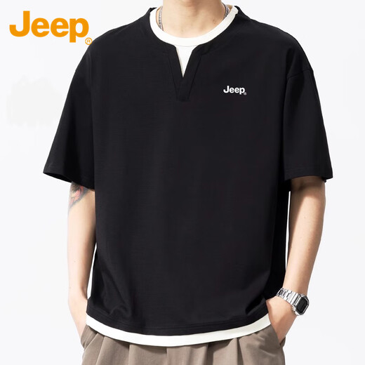 Jeep (JEEP) short-sleeved t-shirt men's summer henley collar waffle bottoming shirt fake two-piece high-end clothes men's black XL